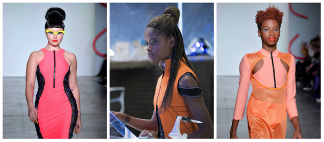 Left and right: Looks by Chromat Fall/Winter 2018; center: Shuri in Black Panther